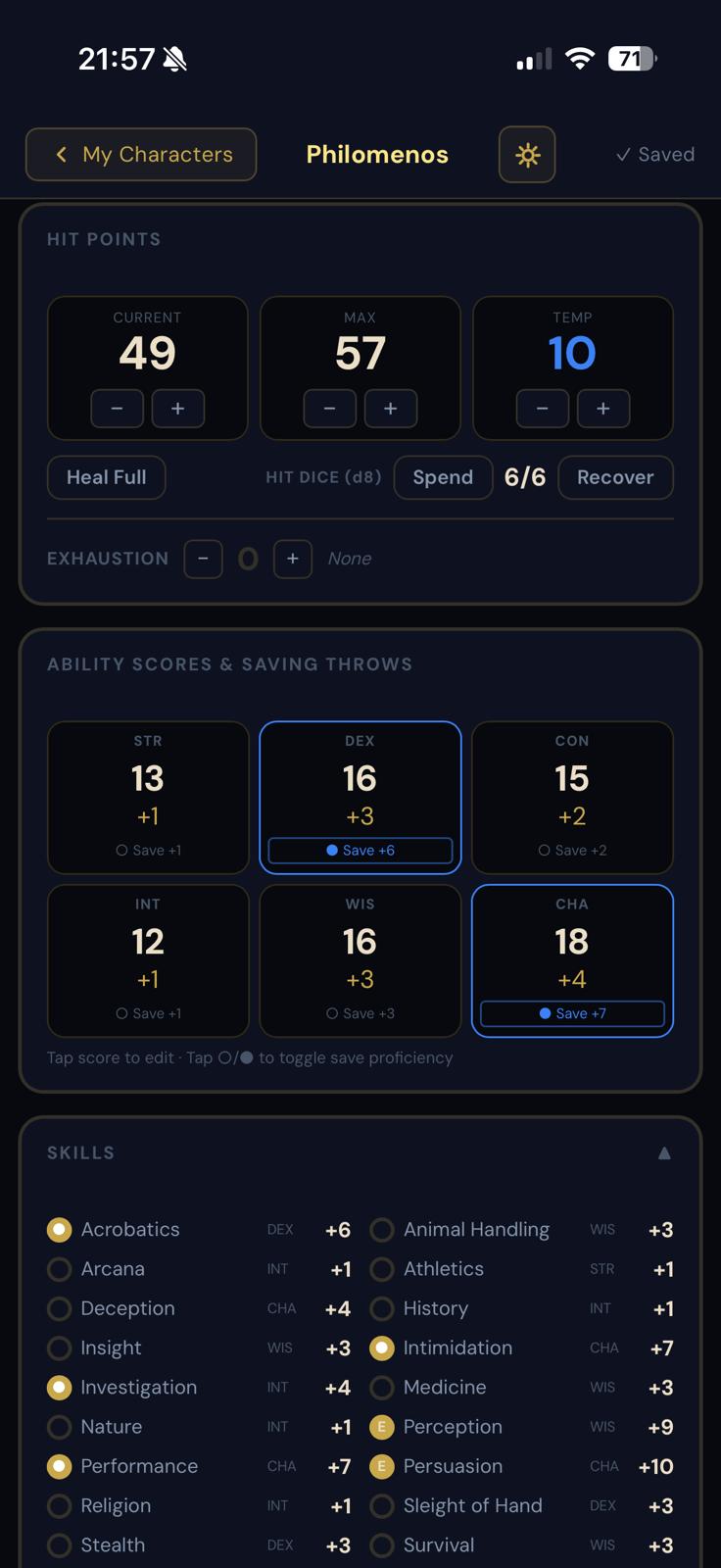 Character sheet overview with stats and HP