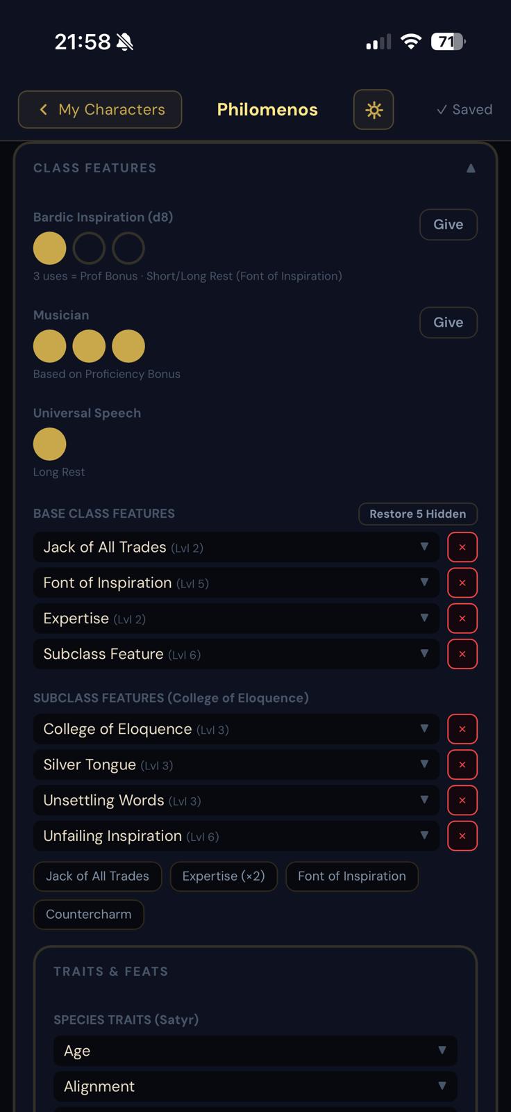 Class features and resource trackers