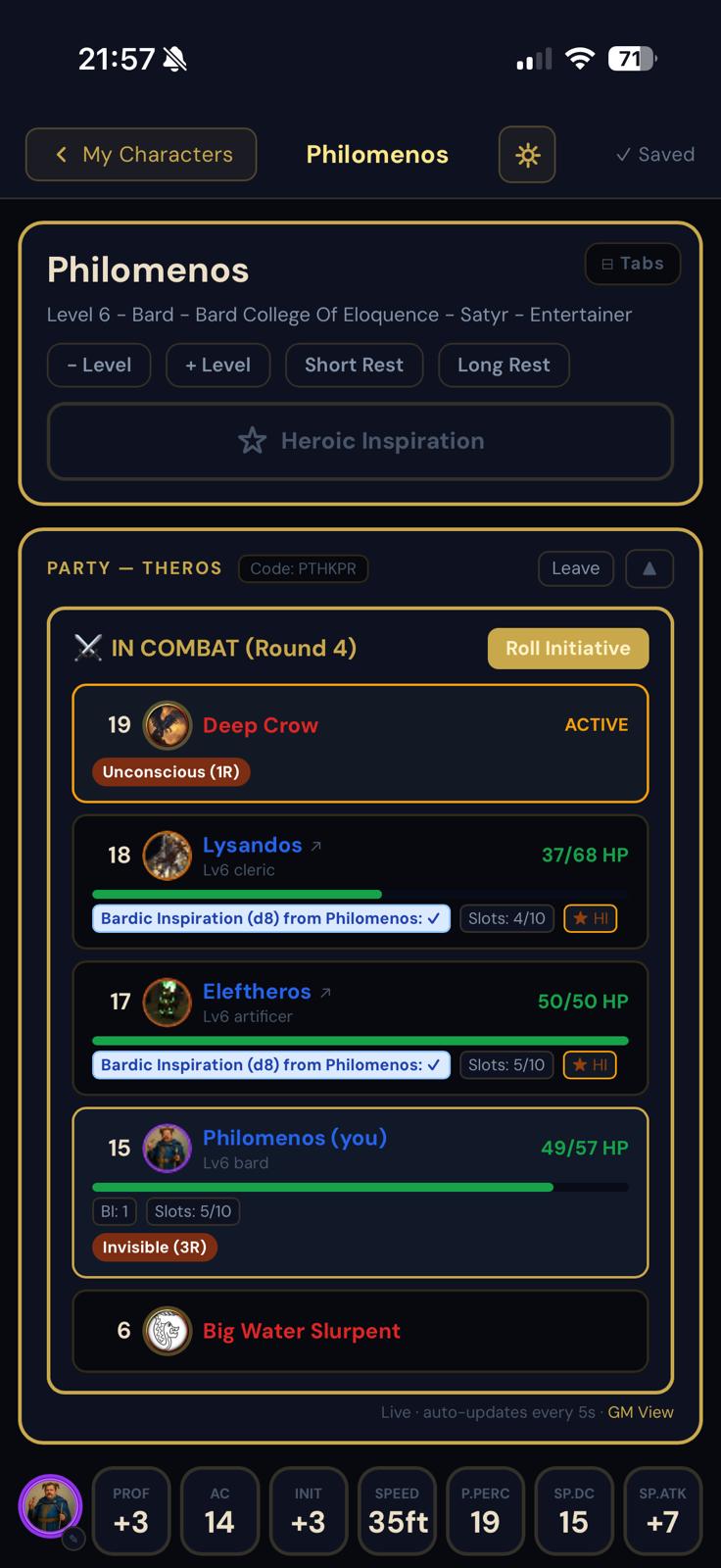 Combat initiative tracker showing live turn order and HP bars