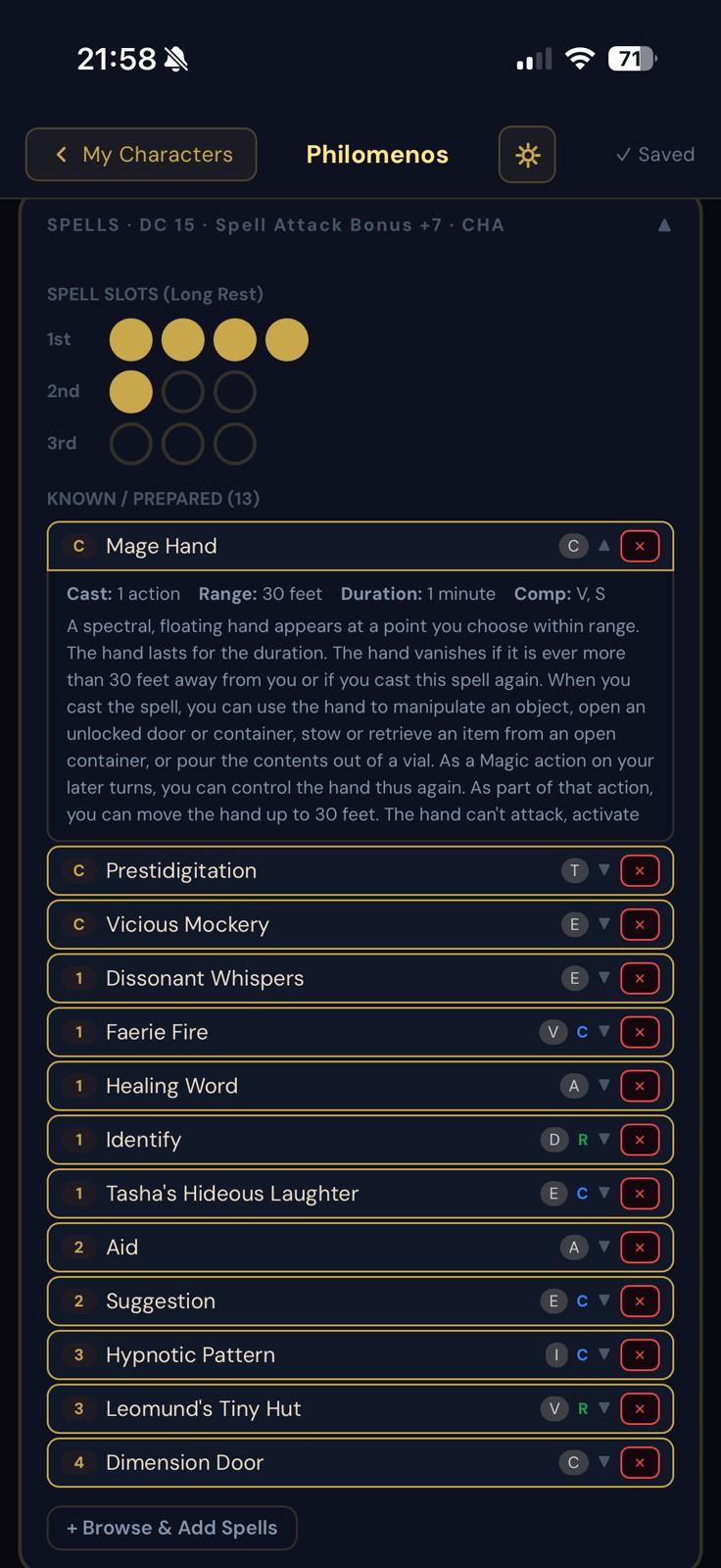 Spellbook panel with spell slot tracking